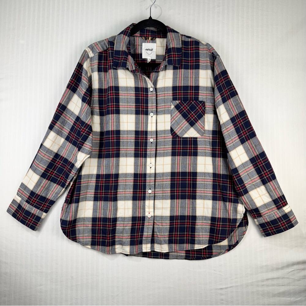 Aerie Anytime Fave Flannel Shirt Oversized Navy/Red/White Plaid Women’s Medium